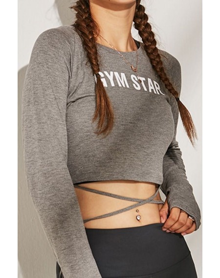 Gray Slogan Tied Thumb Hole Long Sleeve Workout Sports Crop Top