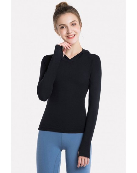 Black Hooded Long Sleeve Yoga Sports T Shirt