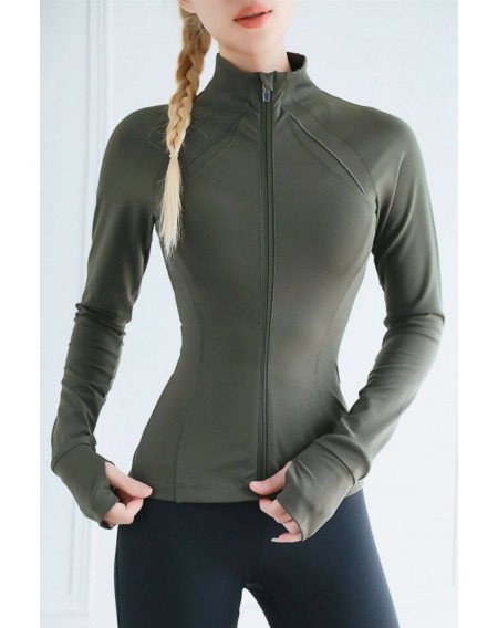 Army-green Zipper Up Long Sleeve Yoga Sports T Shirt