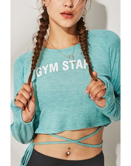 Light-green Slogan Tied Thumb Hole Long Sleeve Workout Sports Crop Top