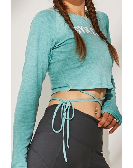 Light-green Slogan Tied Thumb Hole Long Sleeve Workout Sports Crop Top