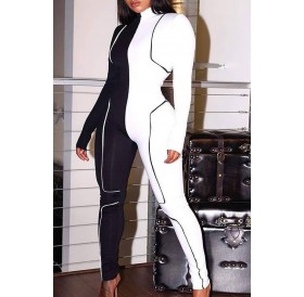 Black-white Two Tone Mock Neck Long Sleeve Sports Jumpsuit