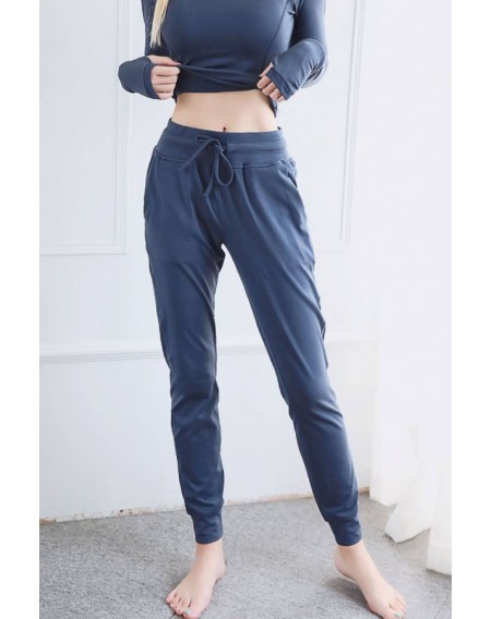 Dark-blue Drawstring Pocket High Waist Sports Pants