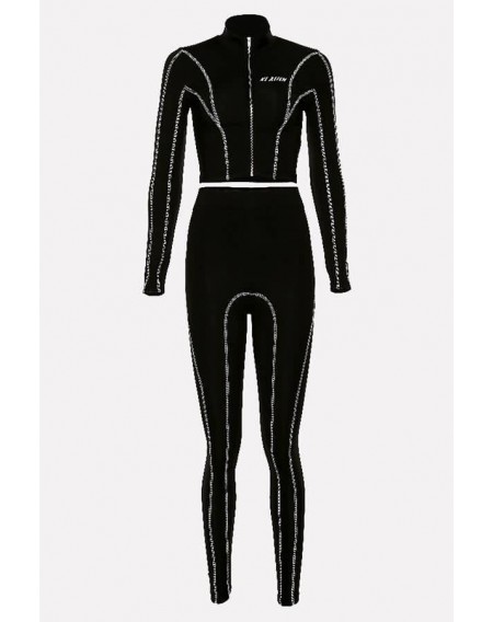 Black Contrast Binding Zipper Up Long Sleeve Sports Crop Top Leggings Set