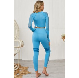 Blue Hollow Out Crew Neck Long Sleeve Sports Crop Top Leggings Set