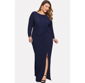 Dark-blue Twisted Slit Long Sleeve Sexy Bodycon Plus Size Dress