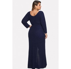 Dark-blue Twisted Slit Long Sleeve Sexy Bodycon Plus Size Dress