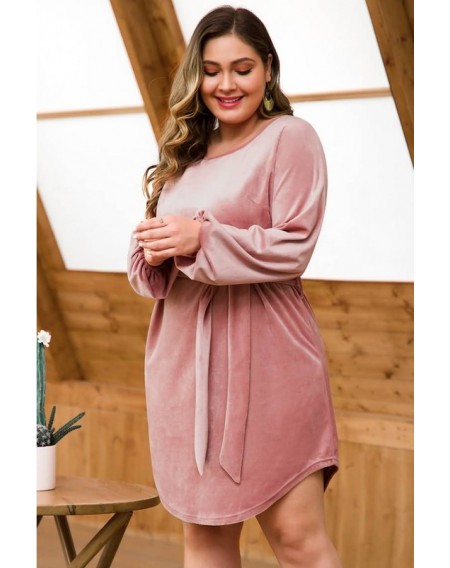 Pink Velvet Tied Long Sleeve Casual Plus Size Dress