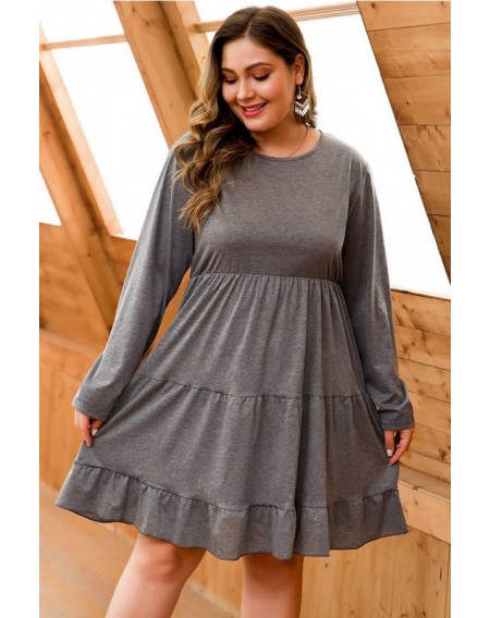 Gray Round Neck Long Sleeve Casual Plus Size Dress
