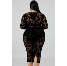 Black Sheer V Neck Sexy Bodycon Plus Size Lace Dress