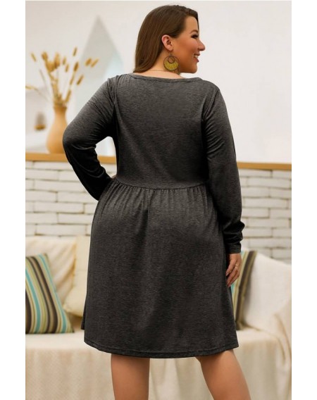 Dark-gray Button Up Long Sleeve Casual Plus Size Dress