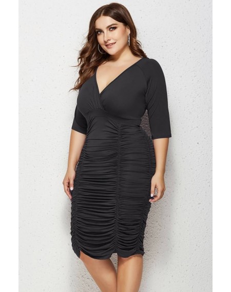 Ruched V Neck Sexy Bodycon Plus Size Dress