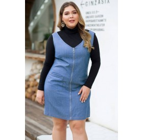 Blue Zipper Up Pocket V Neck Casual Plus Size Denim Dress