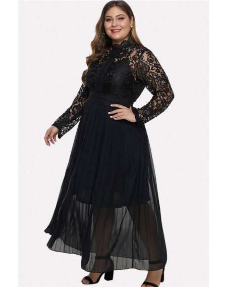 Black Lace Splicing Long Sleeve Sexy Maxi Plus Size Dress