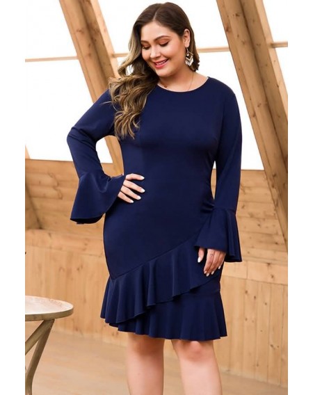 Dark-blue Ruffles Flounce Sleeve Sexy Bodycon Plus Size Dress