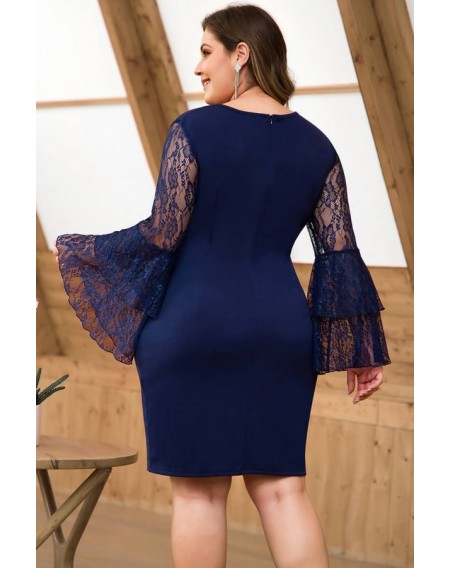 Dark-blue Lace Splicing Layered Sleeve Sexy Plus Size Dress