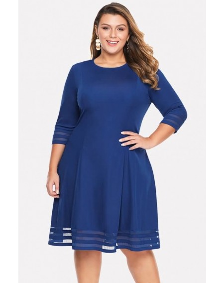 Blue Mesh Splicing Round Neck Casual Plus Size Dress