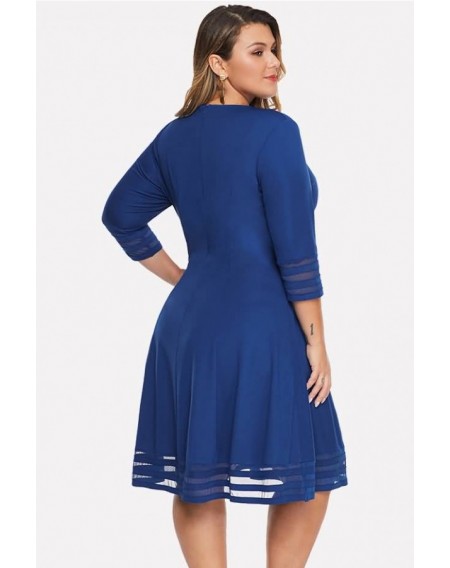 Blue Mesh Splicing Round Neck Casual Plus Size Dress