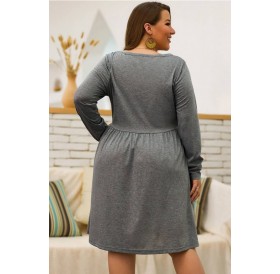 Gray Button Up Long Sleeve Casual Plus Size Dress