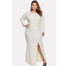 Apricot Twisted Slit Long Sleeve Sexy Bodycon Plus Size Dress