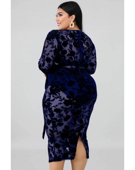 Dark-blue Sheer V Neck Sexy Bodycon Plus Size Lace Dress