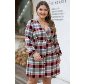 Gray Plaid Button Up Long Sleeve Casual Plus Size Dress