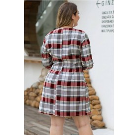 Gray Plaid Button Up Long Sleeve Casual Plus Size Dress