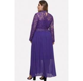Purple Lace Splicing Long Sleeve Sexy Maxi Plus Size Dress