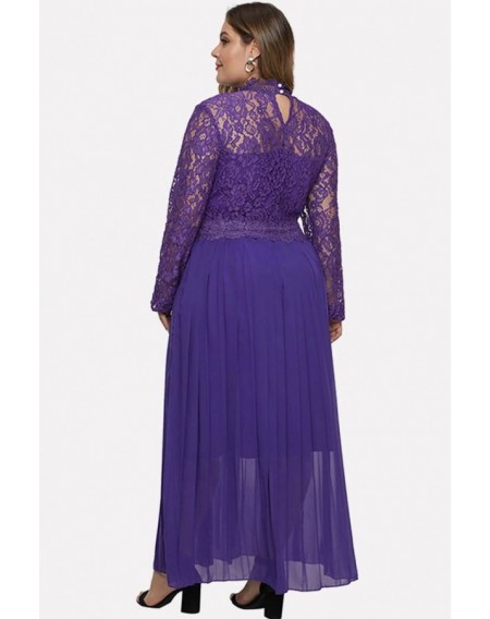 Purple Lace Splicing Long Sleeve Sexy Maxi Plus Size Dress