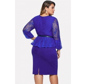 Blue Lace Splicing Peplum Belt Sexy Bodycon Plus Size Dress