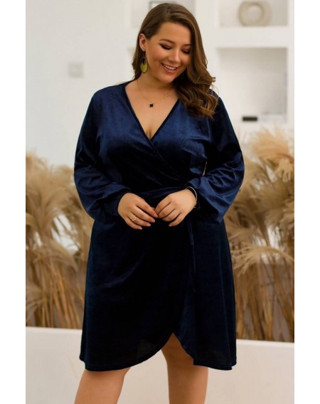 Dark-blue Velvet Tied Long Sleeve Casual Plus Size Dress