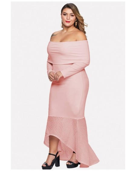 Pink Splicing Off Shoulder Sexy Bodycon Plus Size Dress