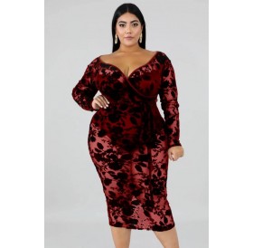 Dark-red Sheer V Neck Sexy Bodycon Plus Size Lace Dress
