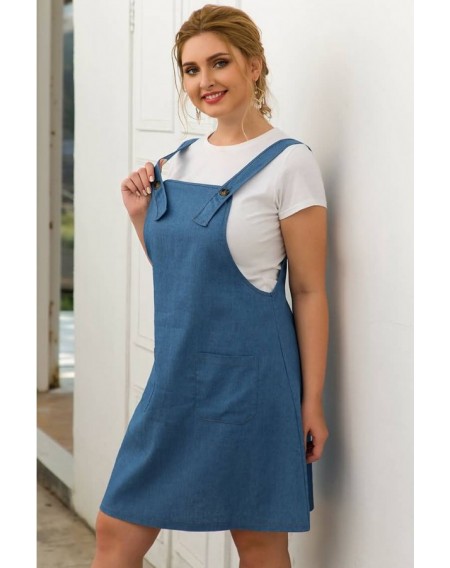 Blue Pocket Casual Plus Size Denim Pinafore Dress