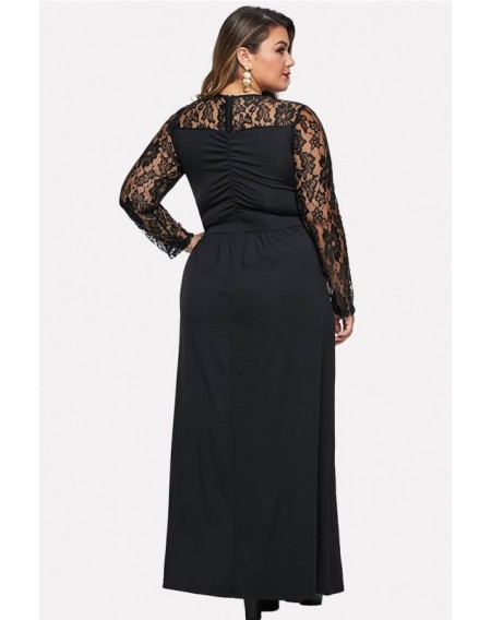 Black Lace Splicing V Neck Long Sleeve Casual Plus Size Dress