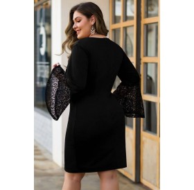 Black Lace Splicing Flare Sleeve Casual Plus Size Dress