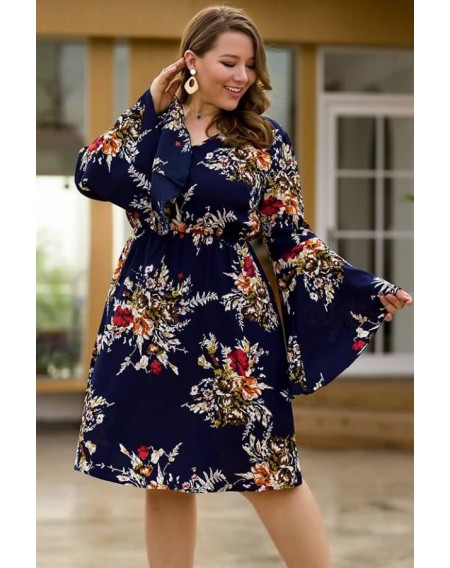 Dark-blue Floral Print Flare Sleeve Casual Plus Size Dress