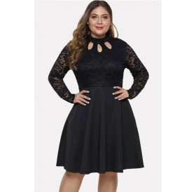Black Lace Splicing Pocket Long Sleeve Sexy Plus Size Dress