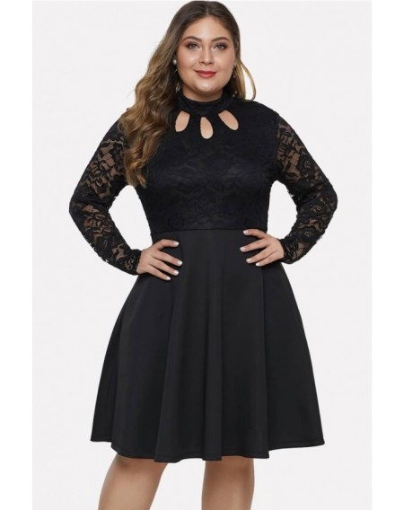 Black Lace Splicing Pocket Long Sleeve Sexy Plus Size Dress