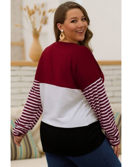 Dark-red Stripe Button Up Long Sleeve Casual Plus Size T Shirt