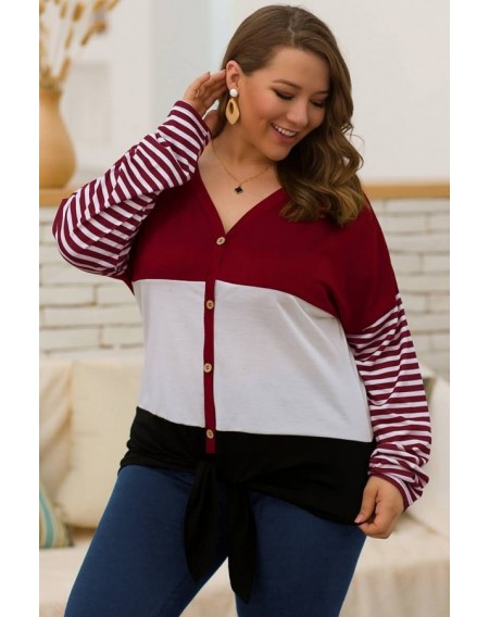 Dark-red Stripe Button Up Long Sleeve Casual Plus Size T Shirt