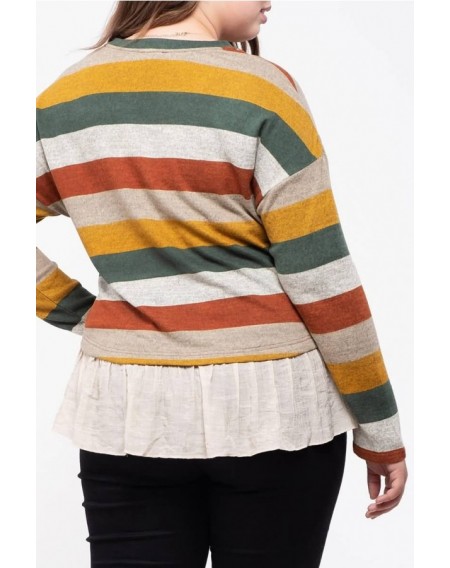 Yellow Stripe Splicing Long Sleeve Casual Plus Size T Shirt