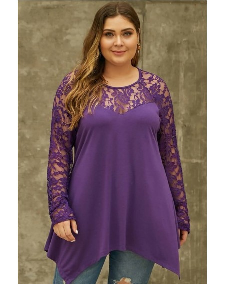Purple Lace Splicing Long Sleeve Casual Plus Size T Shirt