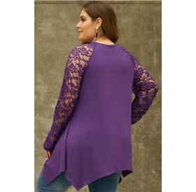 Purple Lace Splicing Long Sleeve Casual Plus Size T Shirt