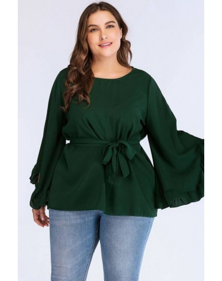 Green Tied Round Neck Flare Sleeve Casual Plus Size Blouse