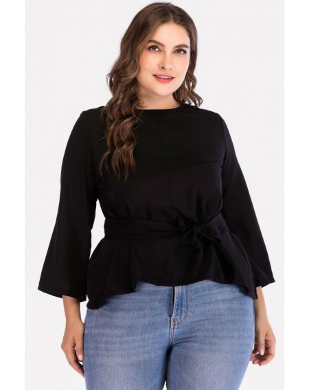 Black Tied Round Neck Long Sleeve Casual Plus Size Blouse