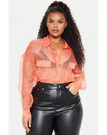 Coral Sheer Lapel Button Up Long Sleeve Sexy Shirt