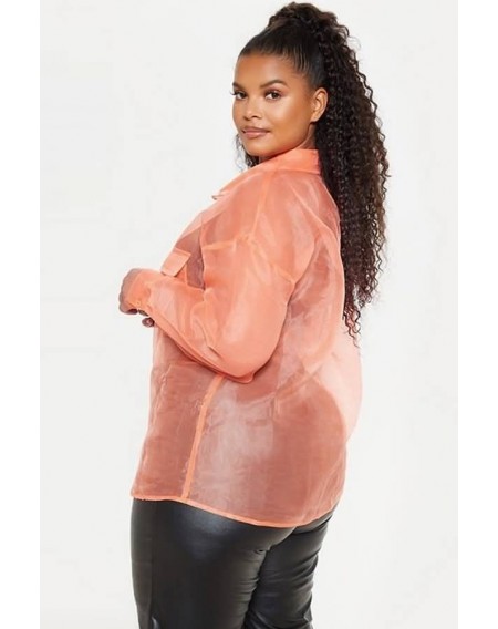 Coral Sheer Lapel Button Up Long Sleeve Sexy Shirt