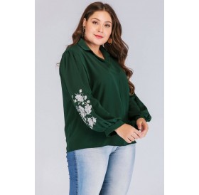 Green Floral Embroidery Long Sleeve Casual Plus Size Blouse