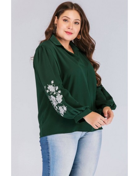 Green Floral Embroidery Long Sleeve Casual Plus Size Blouse